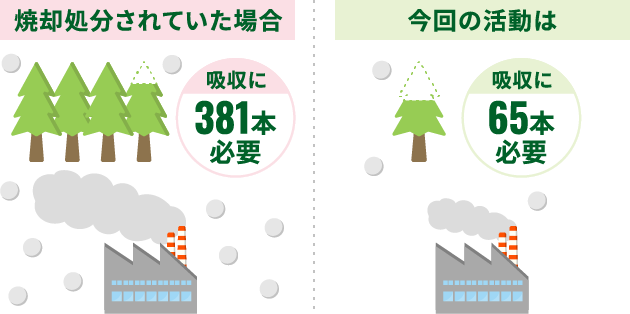 焼却処分されていた場合 吸収に381本必要 今回の活動は吸収に65本必要